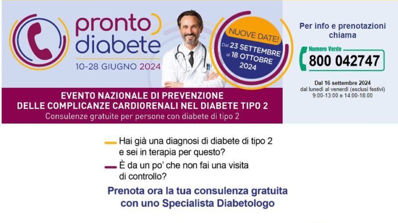 Riprende “Pronto Diabete”, campagna di prevenzione delle complicanze