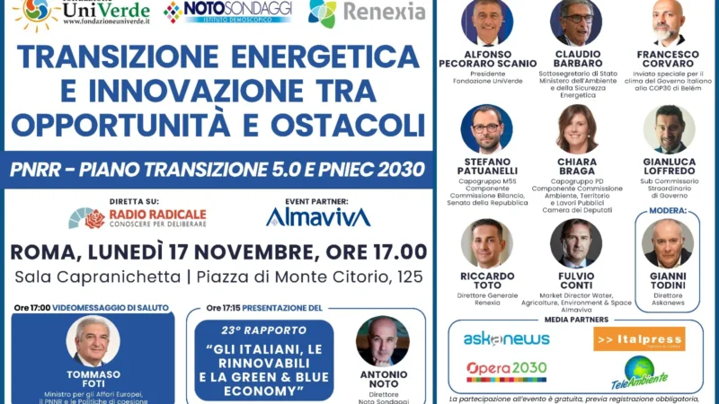 Il 17 novembre a Roma il convegno “Transizione energetica e innovazione tra opportunità e ostacoli”