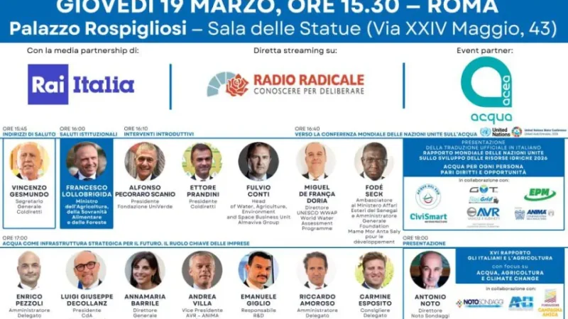 “Acqua, agricoltura e salute”, a Roma un convegno sulla gestione delle risorse idriche