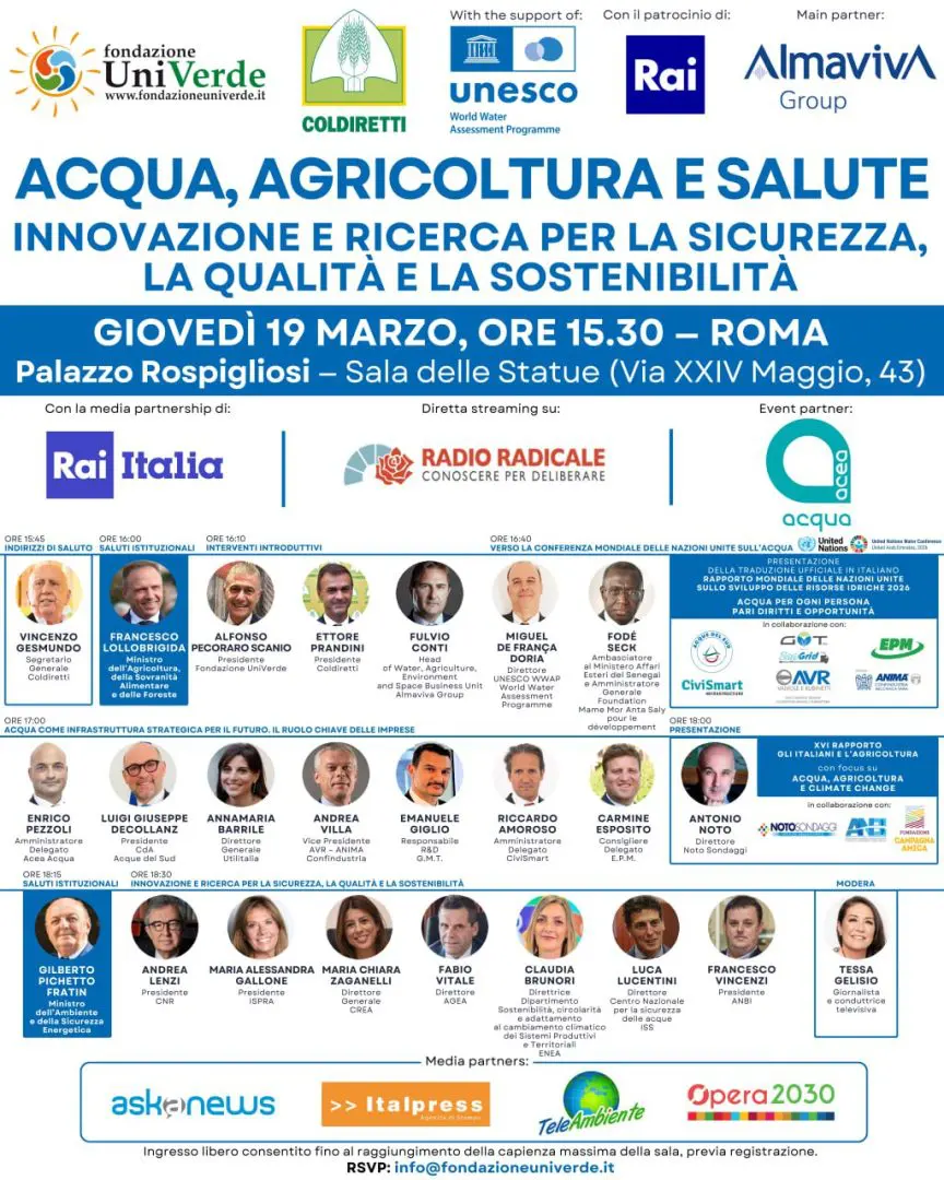 “Acqua, agricoltura e salute”, a Roma un convegno sulla gestione delle risorse idriche