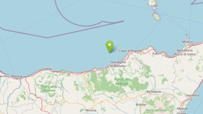 Scossa di terremoto di magnitudo 3.3 in mare al largo costa messinese